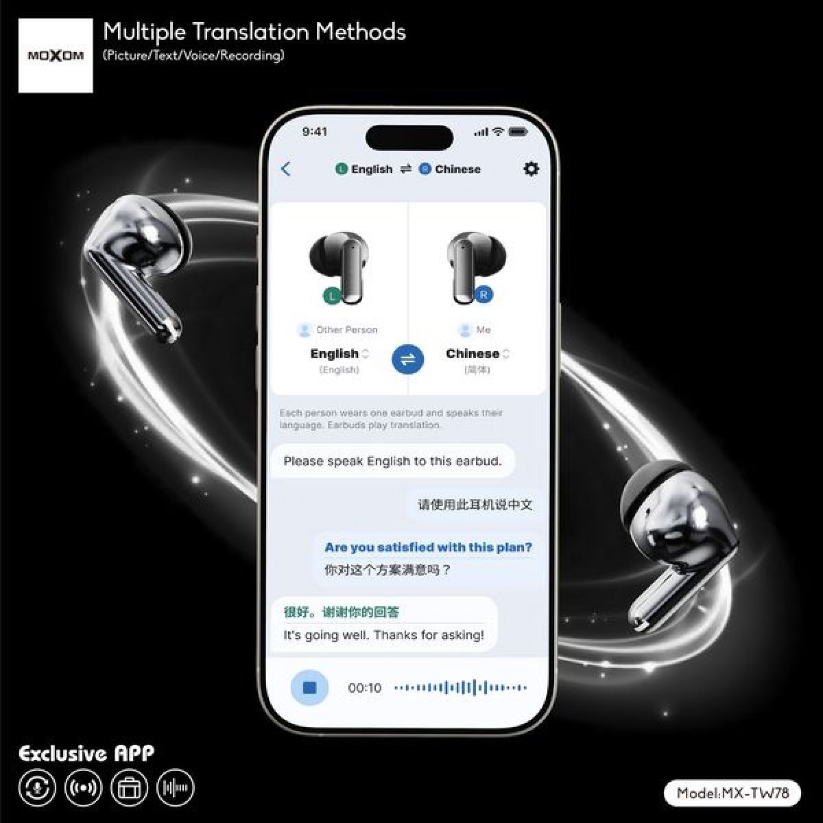 Ασύρματα Ακουστικά Bluetooth Με Έξυπνο Μεταφραστή AI Moxom MX-TW78 - Image 7