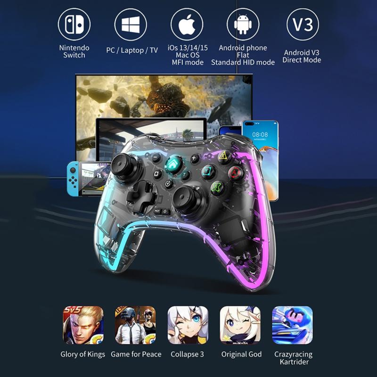 Ασύρματο Gamepad Gaming Με Bluetooth Και RGB Φωτισμό Διάφανο Lehuai LH-3 - Image 6