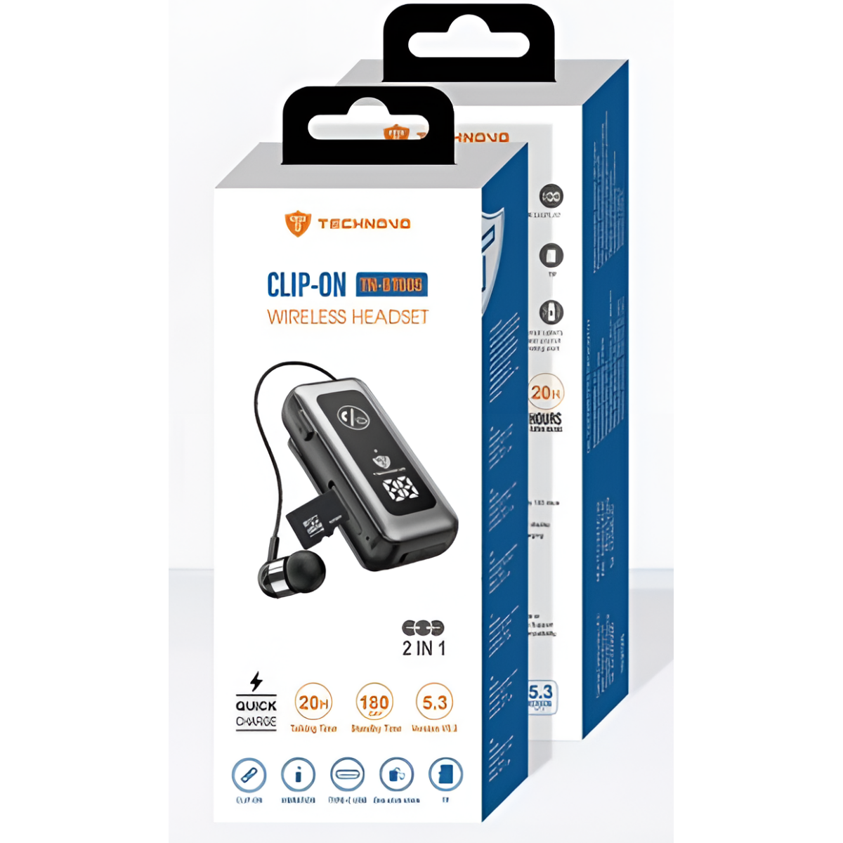 Bluetooth Ακουστικό Clip-On Με Οθόνη Και Υποδοχή TF Technovo TN-BT005