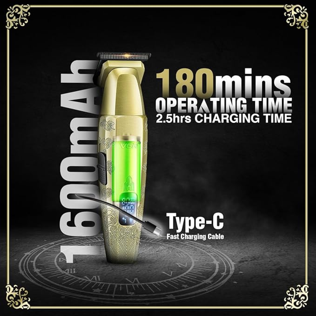 Επαγγελματική Κουρευτική Μηχανή 8000rpm Με LED Οθόνη Χρυσή VGR V-265 - Image 3