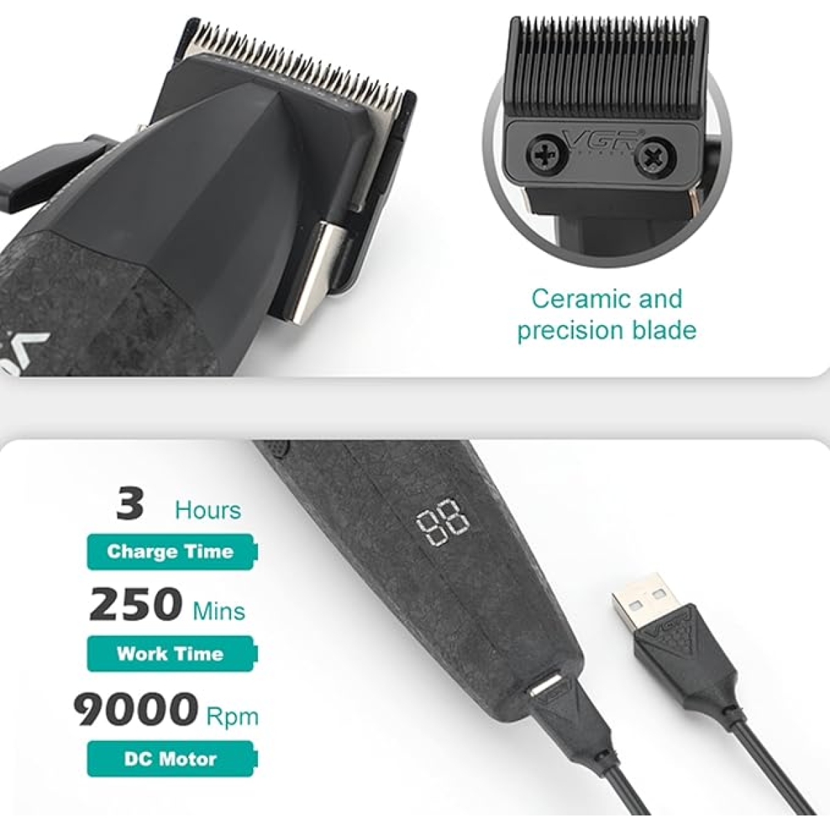 Επαγγελματικό Σετ Κουρευτικής Μηχανής & Trimmer Με Κεραμικές Λεπίδες VGR V-640 S2 - Image 5