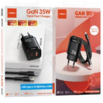 Φορτιστής GaN Γρήγορης Φόρτισης 35W Με 1 USB + 1 Type-C Και Καλώδιο Type-C Σε Lightning Moxom MX-HC243
