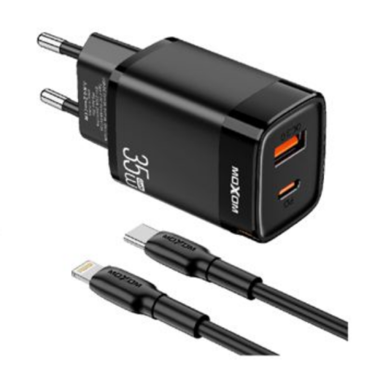 Φορτιστής GaN Γρήγορης Φόρτισης 35W Με 1 USB + 1 Type-C Και Καλώδιο Type-C Σε Lightning Moxom MX-HC243