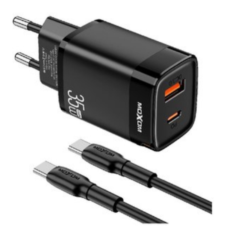 Φορτιστής GaN Γρήγορης Φόρτισης 35W Με 1 USB + 1 Type-C Και Καλώδιο Type-C Σε Type-C Moxom MX-HC243