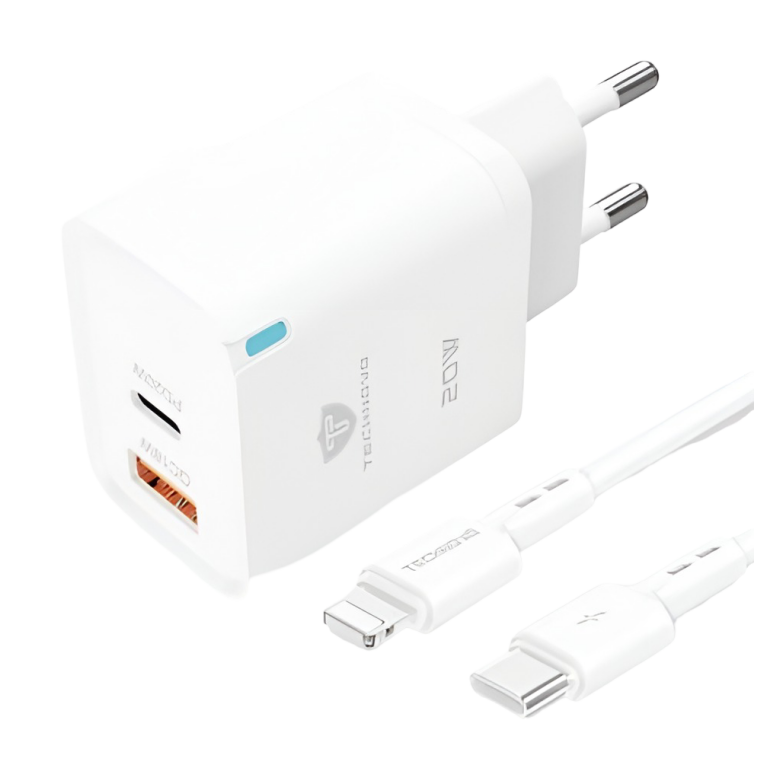 Φορτιστής Γρήγορης Φόρτισης 20W Με USB + Type-C Και Καλώδιο Type-C Σε Lightning 1m Technovo TN-F050