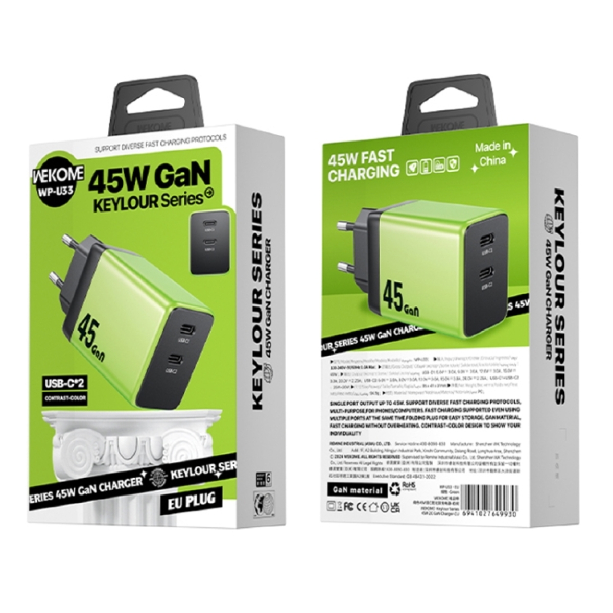 Φορτιστής Γρήγορης Φόρτισης Διπλής Θύρας USB-C 45W GaN Wekome WP-U33 EU - Image 2