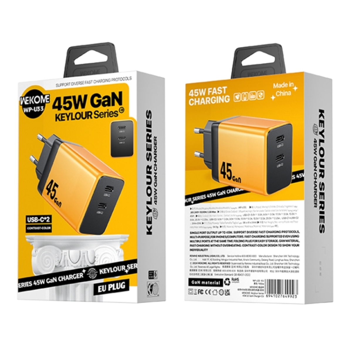 Φορτιστής Γρήγορης Φόρτισης Διπλής Θύρας USB-C 45W GaN Wekome WP-U33 EU - Image 4