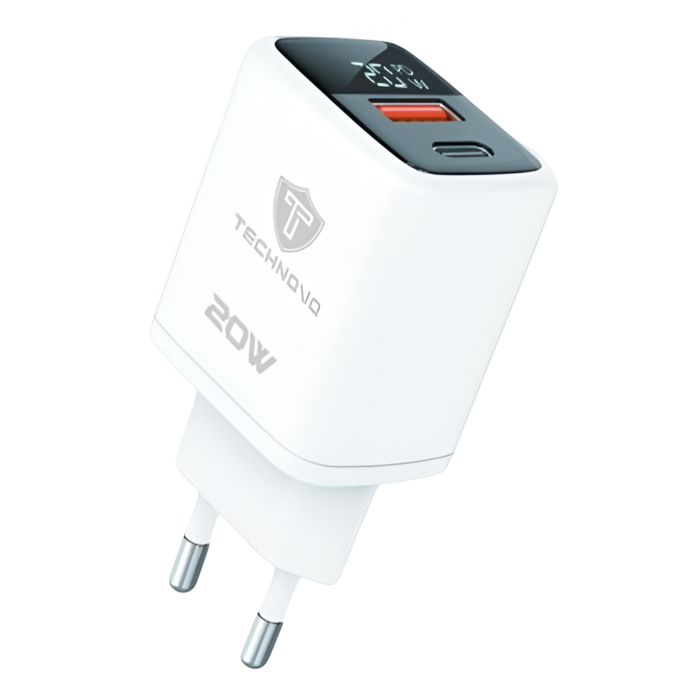 Φορτιστής Ταξιδίου 20W PD QC3.0 Με Οθόνη LED Και Θύρες USB-A & USB-C Technovo TN-C046
