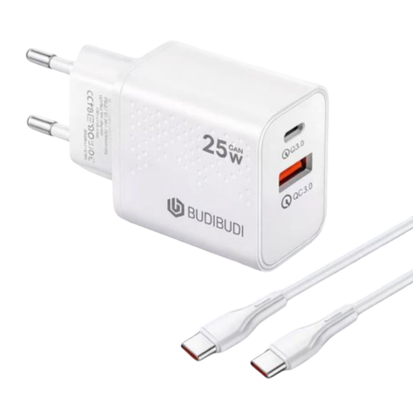 Φορτιστής USB-A & USB-C 25W QC3.0 & PD Με Καλώδιο Type-C Budi-037