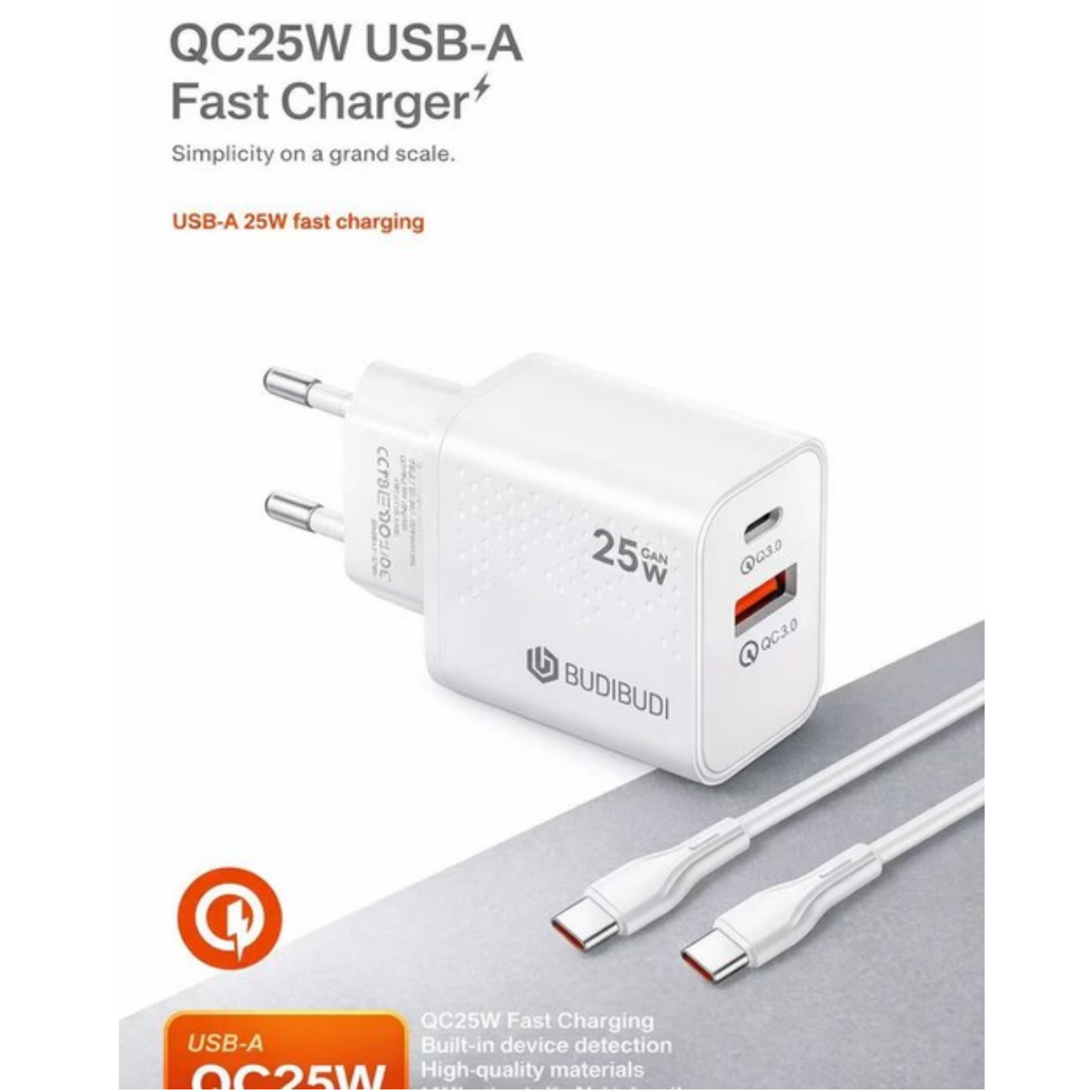 Φορτιστής USB-A & USB-C 25W QC3.0 & PD Με Καλώδιο Type-C Budi-037
