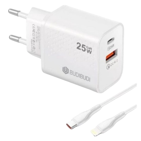 Φορτιστής USB-A & USB-C 25W QC4.0 Με Καλώδιο Type-C Budi-036
