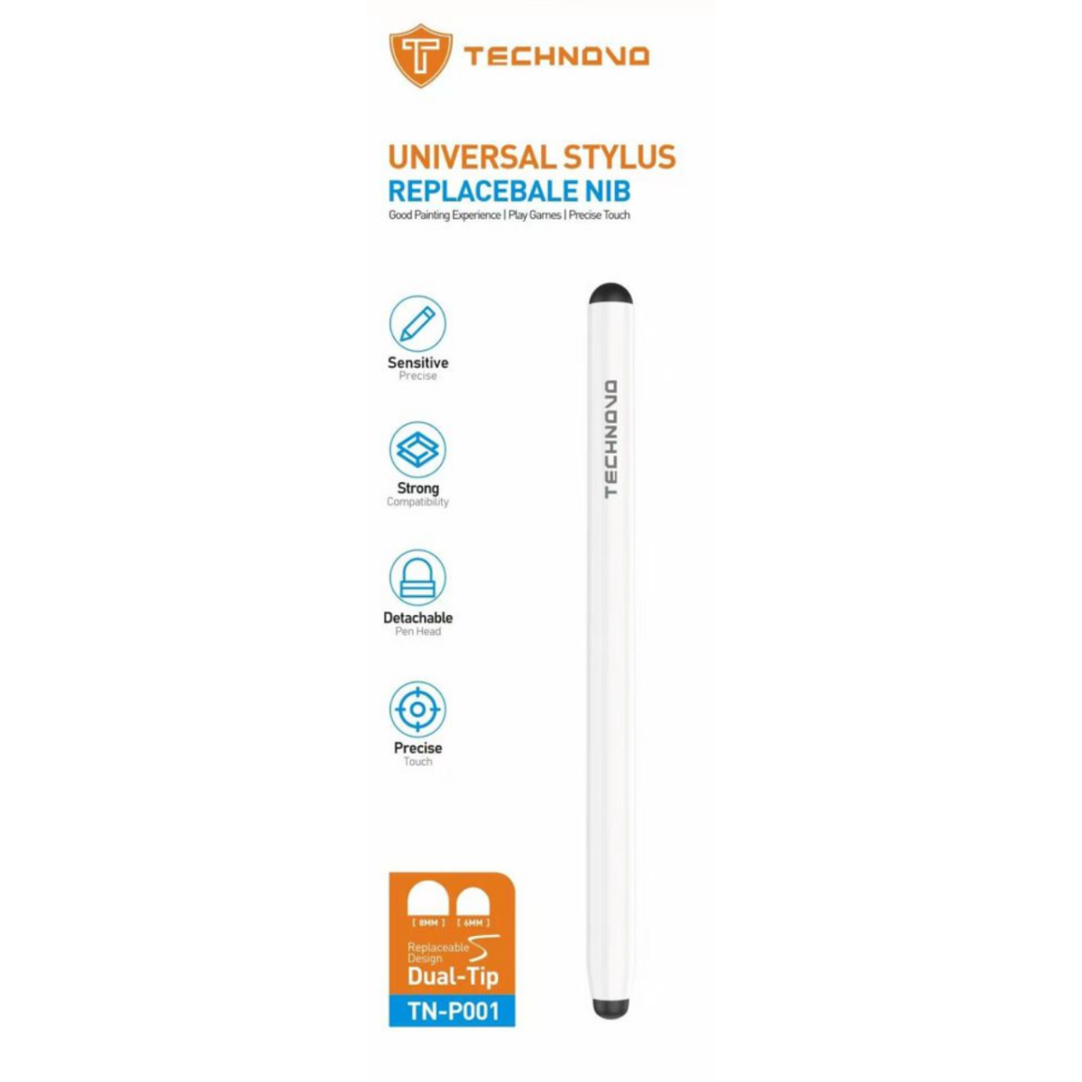 Γραφίδα Αφής Universal Stylus Dual Tip Λευκή Technovo TN-P001 - Image 2