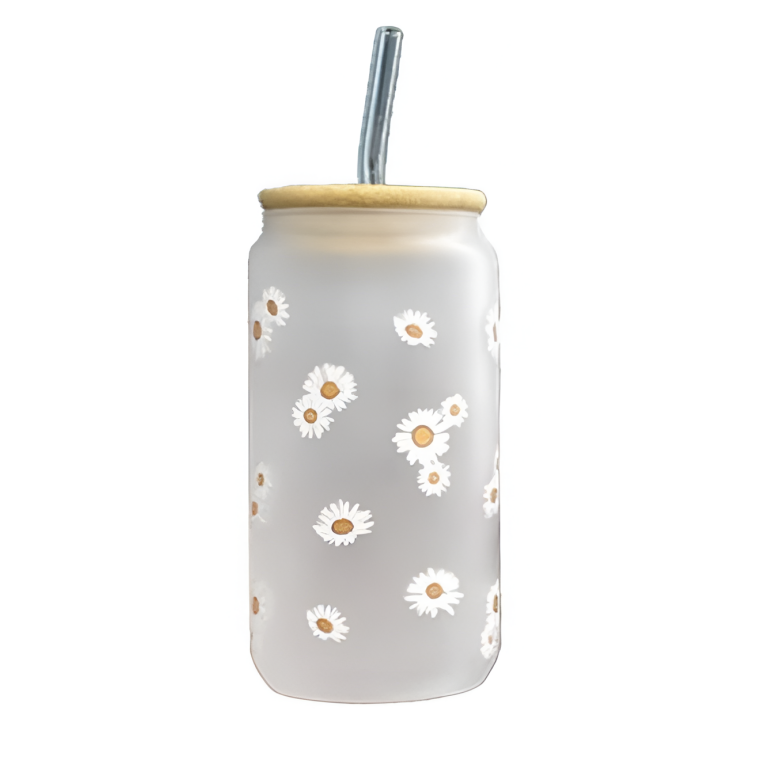 Γυάλινο Ποτήρι 500ml Με Καλαμάκι Και Καπάκι Μαργαρίτες 28875