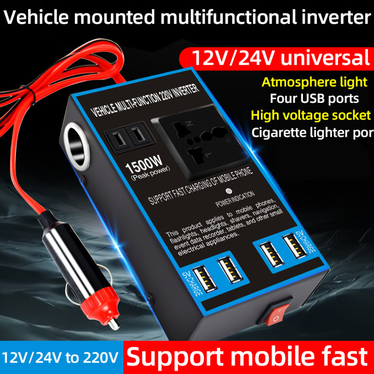 Inverter Αυτοκινήτου 12V/24V Σε 220V 1500W Με Θύρα USB Και Υποδοχή Αναπτήρα JG1500 - Image 3