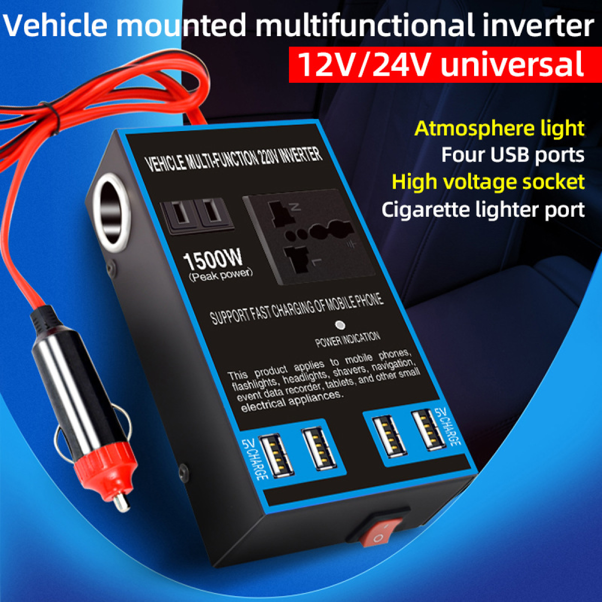 Inverter Αυτοκινήτου 12V/24V Σε 220V 1500W Με Θύρα USB Και Υποδοχή Αναπτήρα JG1500 - Image 5