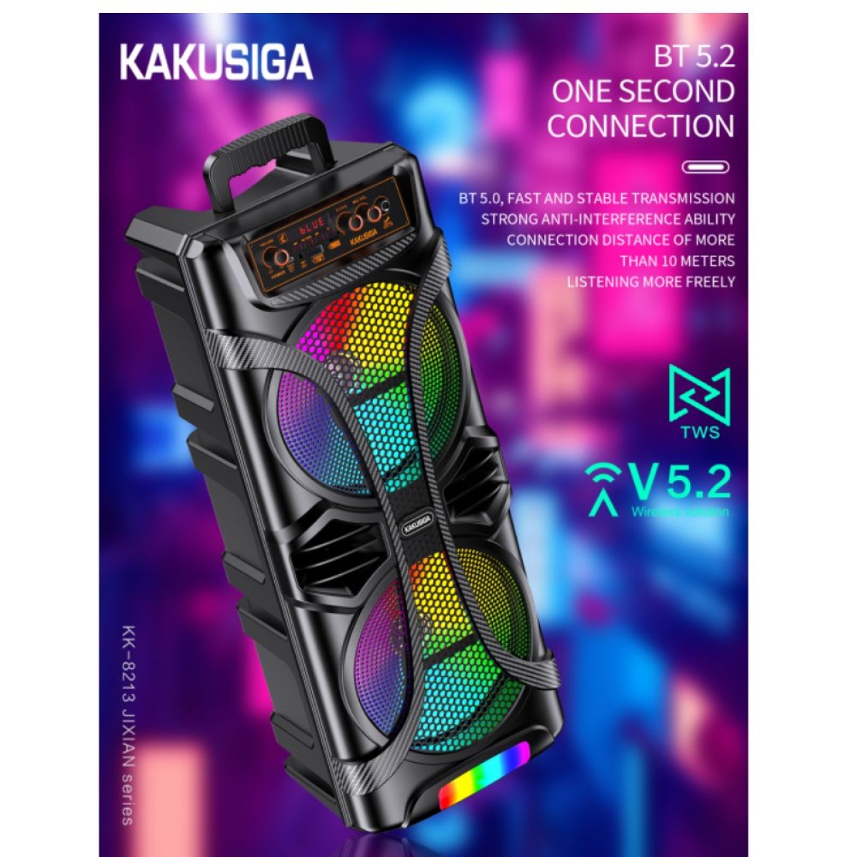 KAKUSIGA KK-8213 Bluetooth Speaker με Διπλά Ηχεία, Subwoofer, LED Lights, TWS, USB, TF Card & AUX