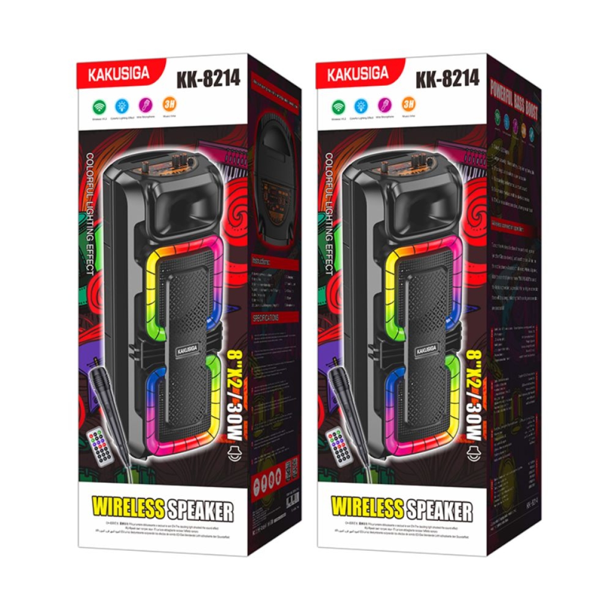 KAKUSIGA KK-8214 Wireless Bluetooth Speaker 30W με 2x8” Ηχεία, Karaoke Μικρόφωνο & LED Φωτισμό