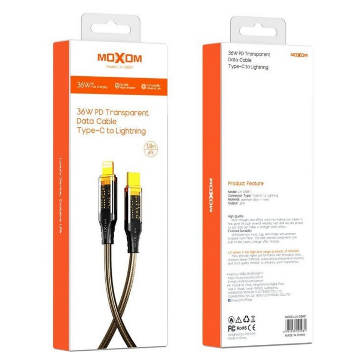 Καλώδιο Φόρτισης Type-C Σε Lightning 36W 1.8m Moxom LX-CB861