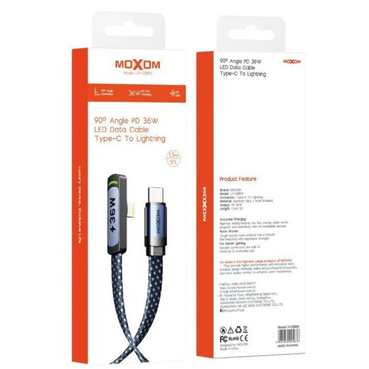 Καλώδιο Φόρτισης Type-C Σε Lightning 36W 90° LED 1.5m Moxom LX-CB893