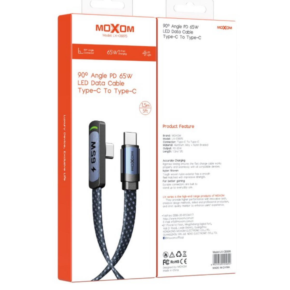 Καλώδιο Φόρτισης Type-C Σε Type-C 65W 90° LED 1.5m Moxom LX-CB895