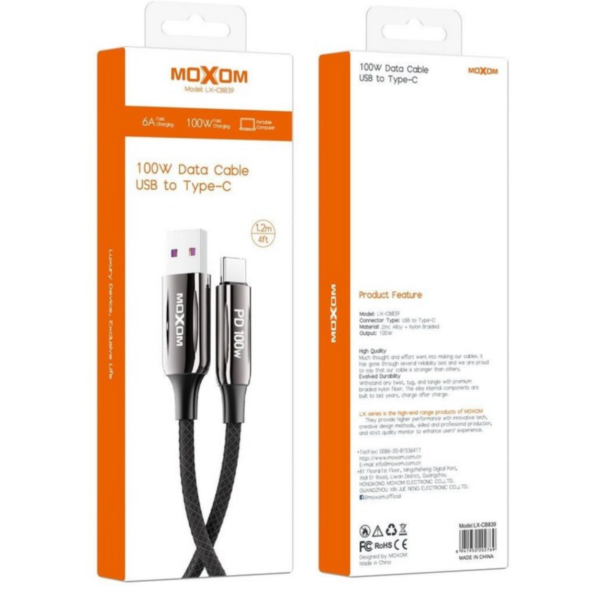 Καλώδιο Φόρτισης USB Σε Type-C 100W 1.2m Moxom LX-CB839