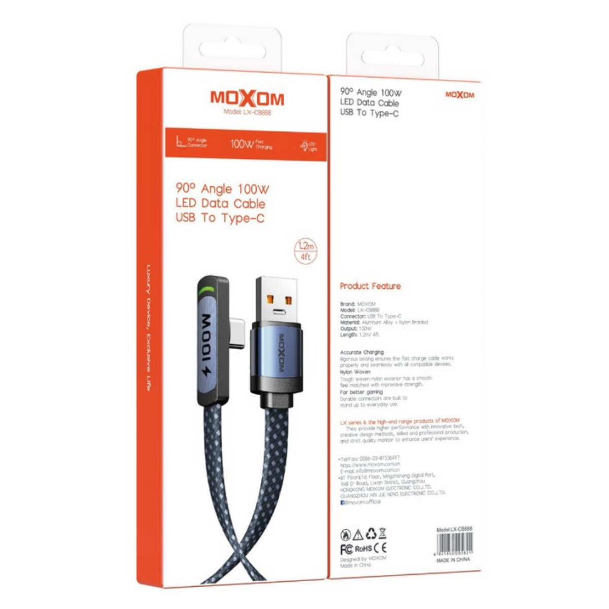 Καλώδιο Φόρτισης USB Σε Type-C 100W 90° LED 1.2m Moxom LX-CB888