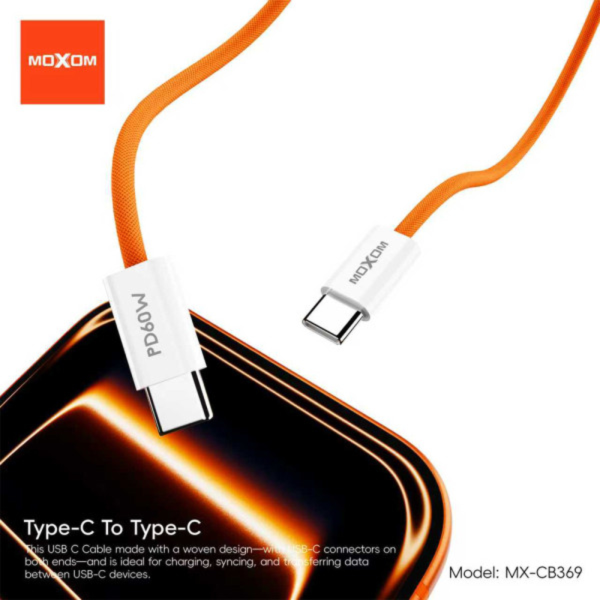 Καλώδιο Γρήγορης Φόρτισης USB-C Σε USB-C 60W 1m Πορτοκαλί Moxom MX-CB369 - Image 2