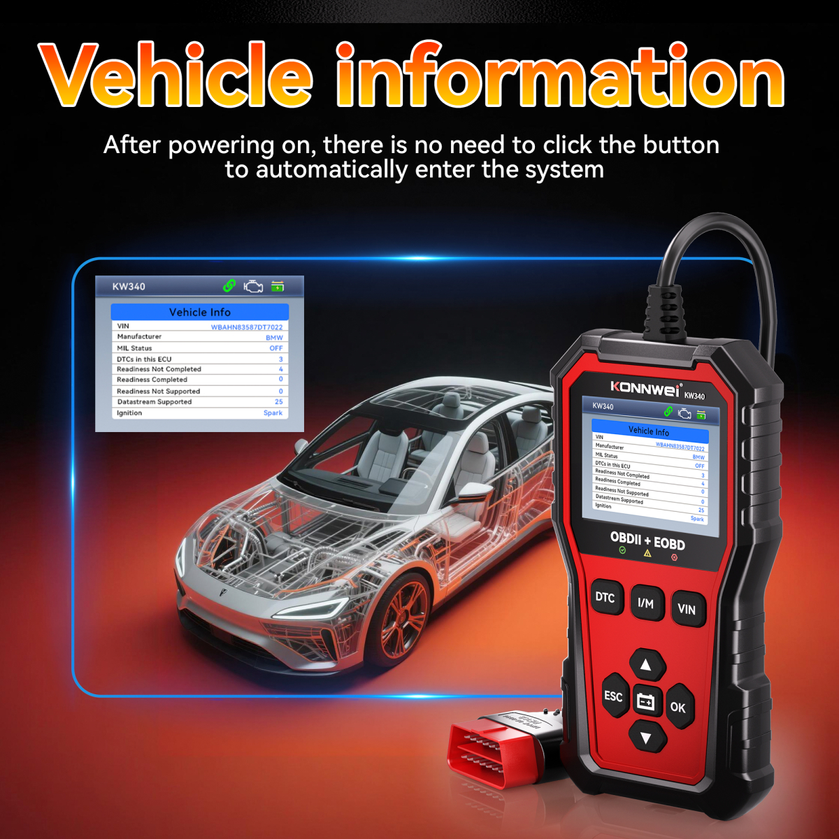 Konnwei KW340 Διαγνωστικό Εργαλείο Αυτοκινήτου OBD2 CAN EOBD Με Έλεγχο Μπαταρίας 2.8” TFT - Image 5