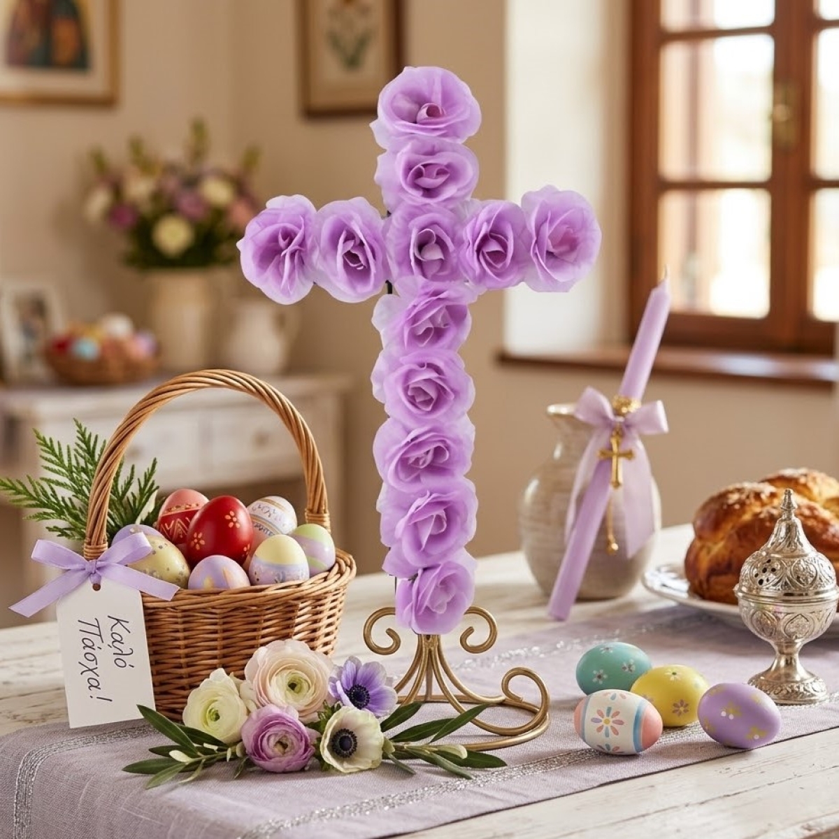 Πασχαλινό Διακοσμητικό Σταυρός με Τεχνητά Λουλούδια 87728 - Image 2