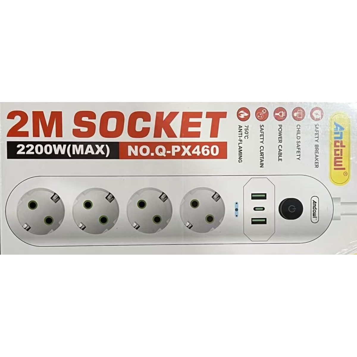 Πολύπριζο 4 Θέσεων Με 2 Θύρες USB Και Διακόπτη 2m 2200W Q-PX460 - Image 2