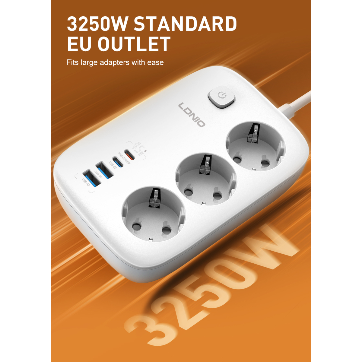 Πολύπριζο με 3 Πρίζες, 2xUSB-A & 2xUSB-C PD 45W Ldnio SE2 - Image 3