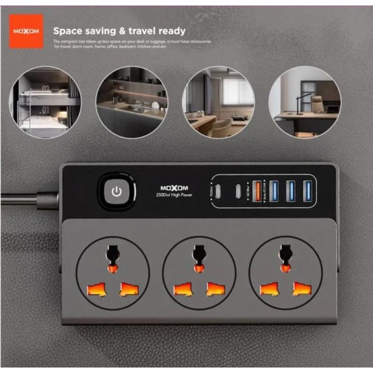 Πολύπριζο Universal 9 Σε 1 Με 3 Πρίζες AC & 6 Θύρες USB Με Καλώδιο 2m 2500W Moxom MX-ST33 - Image 3