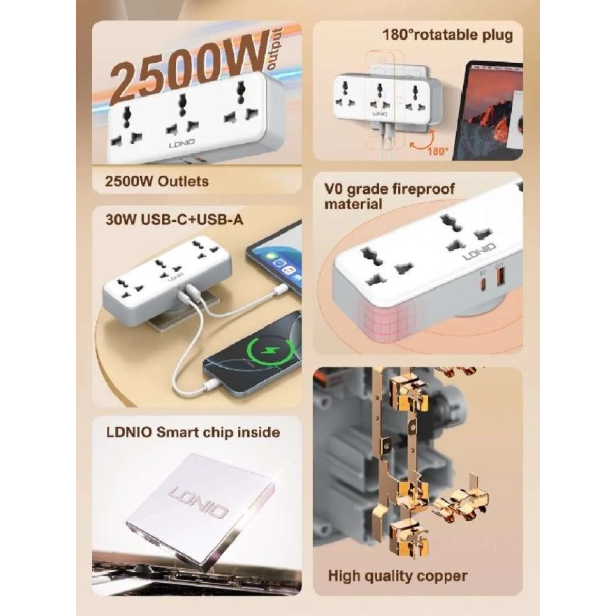 Πολύπριζο Universal Με 3 Πρίζες AC Και 2 Θύρες USB PD/QC 3.0 30W Περιστρεφόμενο Ldnio SC3317 - Image 10