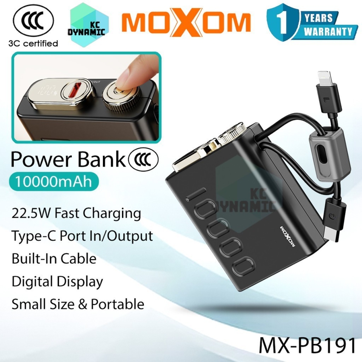 Power Bank 10000mAh Με Ενσωματωμένα Καλώδια & Γρήγορη Φόρτιση 22.5W Moxom MX-PB191 - Image 2
