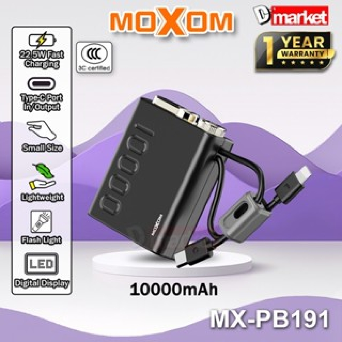 Power Bank 10000mAh Με Ενσωματωμένα Καλώδια & Γρήγορη Φόρτιση 22.5W Moxom MX-PB191 - Image 3
