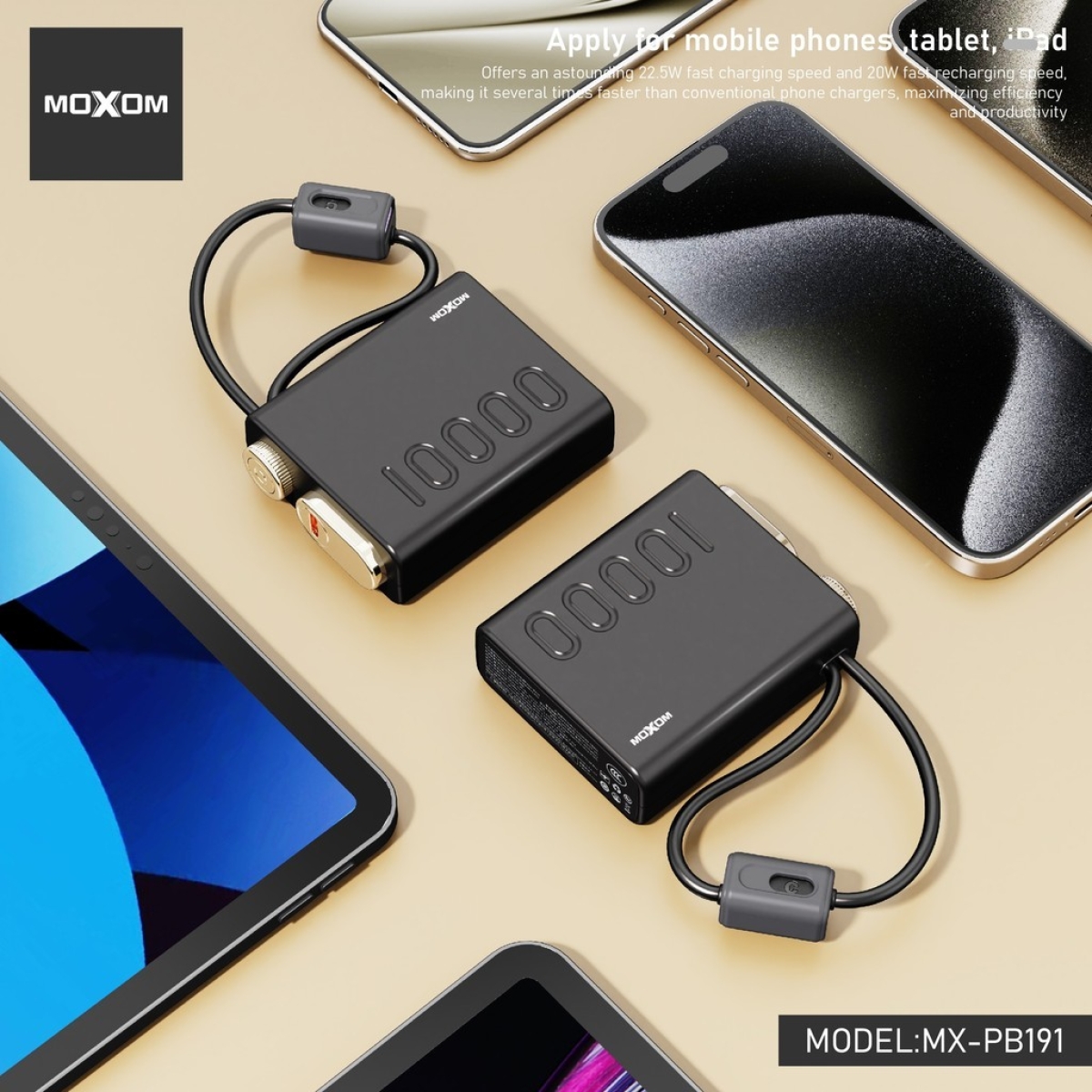 Power Bank 10000mAh Με Ενσωματωμένα Καλώδια & Γρήγορη Φόρτιση 22.5W Moxom MX-PB191 - Image 4