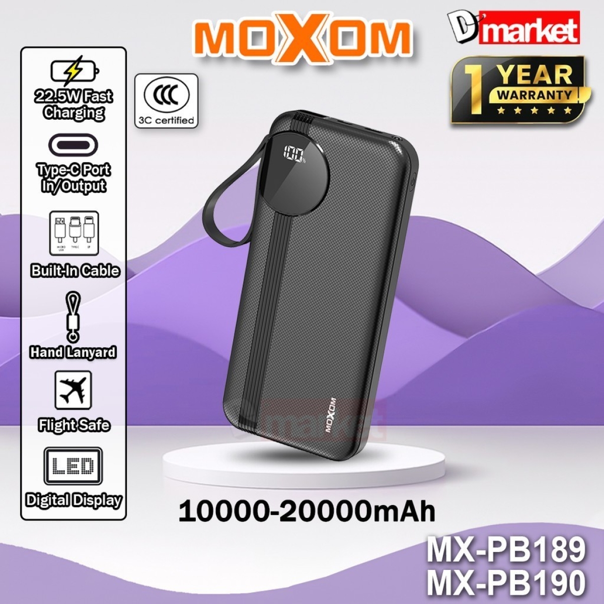 Power Bank 20000mAh Με Ενσωματωμένα Καλώδια & Φως LED Moxom MX-PB190