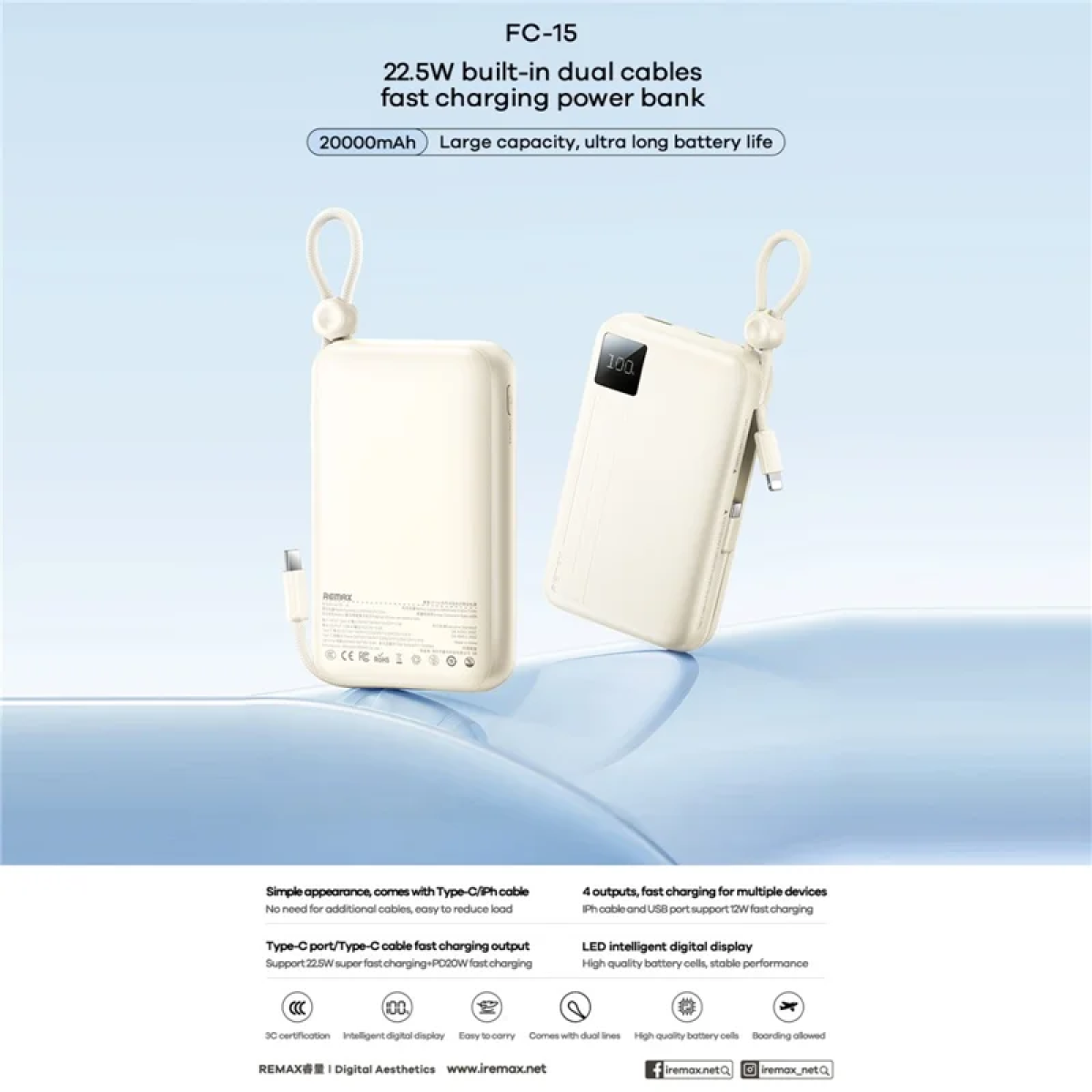 Power Bank 20000mAh Με Ενσωματωμένα Καλώδια Type-C Και iP 22.5W Remax FC-15 - Image 2