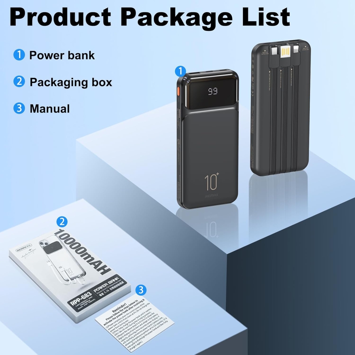 Powerbank 10000mAh Με Ενσωματωμένα Καλώδια Και LED Οθόνη Remax RPP-683 - Image 8