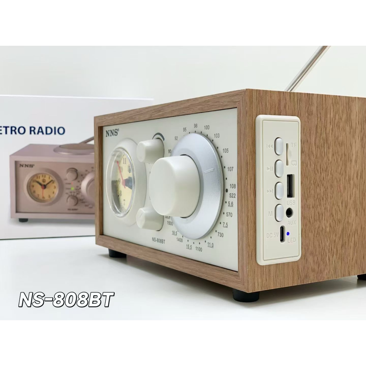 Ρετρό Ξύλινο Ηχείο Bluetooth Με Ραδιόφωνο FM/AM/SW Και Ρολόι NS-808BT - Image 3
