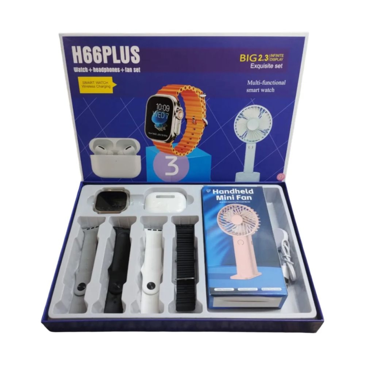 Smartwatch H66PLUS Σετ 3-σε-1 με Ασύρματα Bluetooth Ακουστικά & Φορητό Mini Ανεμιστήρα