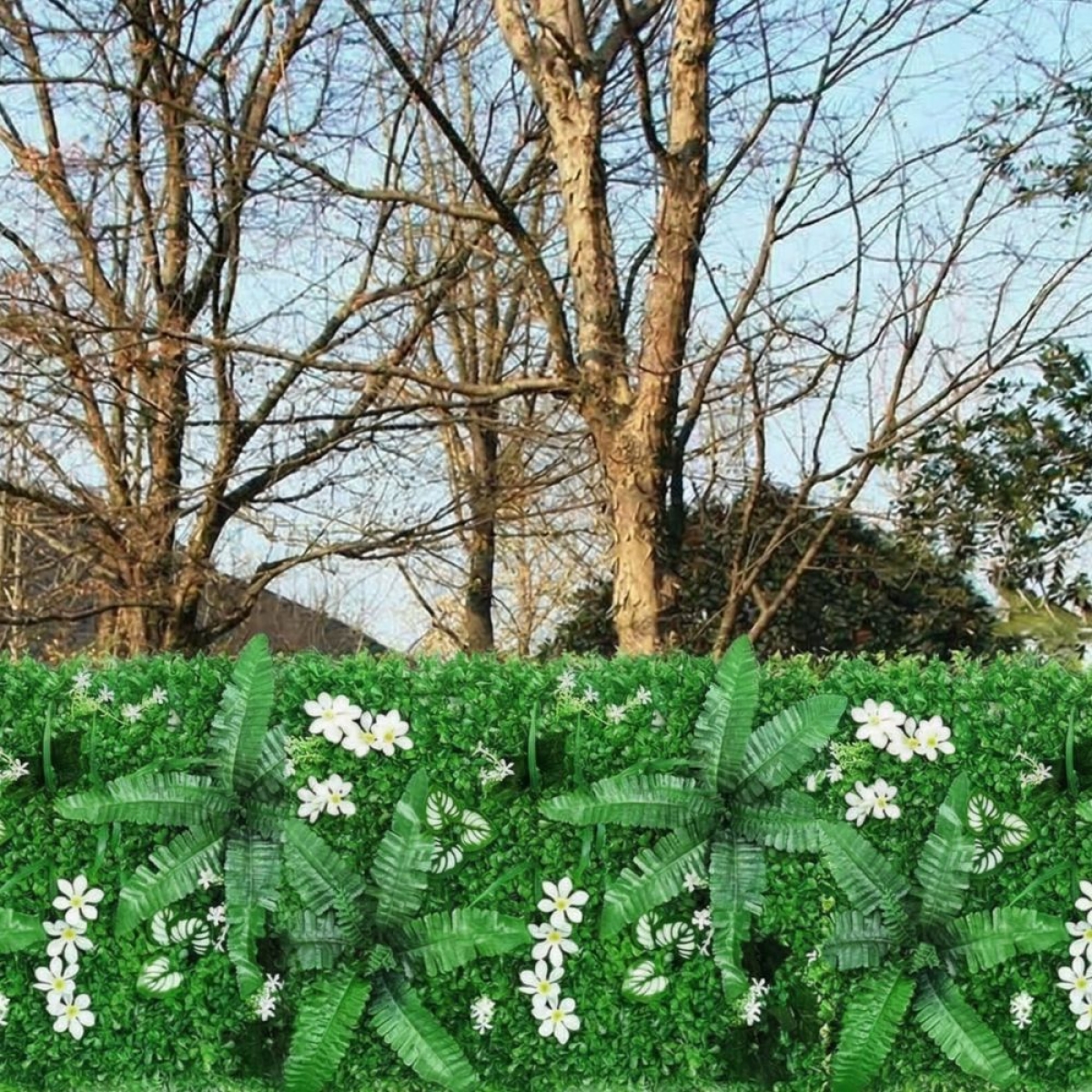 Συνθετικό Διακοσμητικό Πάνελ Φυλλωσιάς 40x60cm με Λευκά Άνθη SDS-22460 Πράσινο