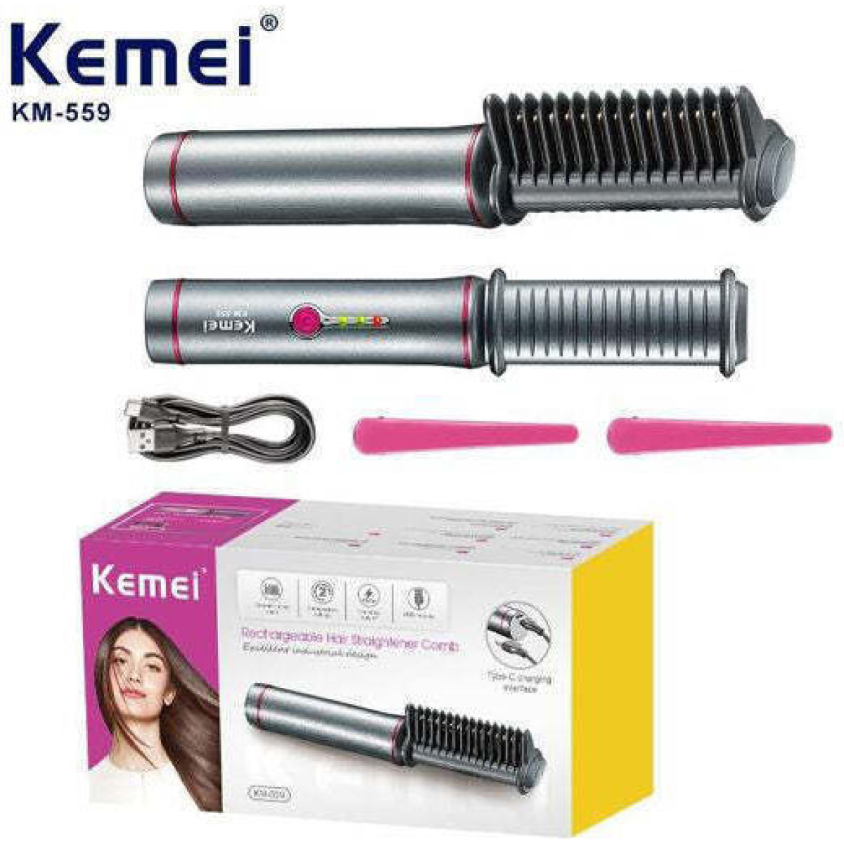 Θερμαινόμενη Βούρτσα Ισιώματος Μαλλιών με USB Kemei KM-559