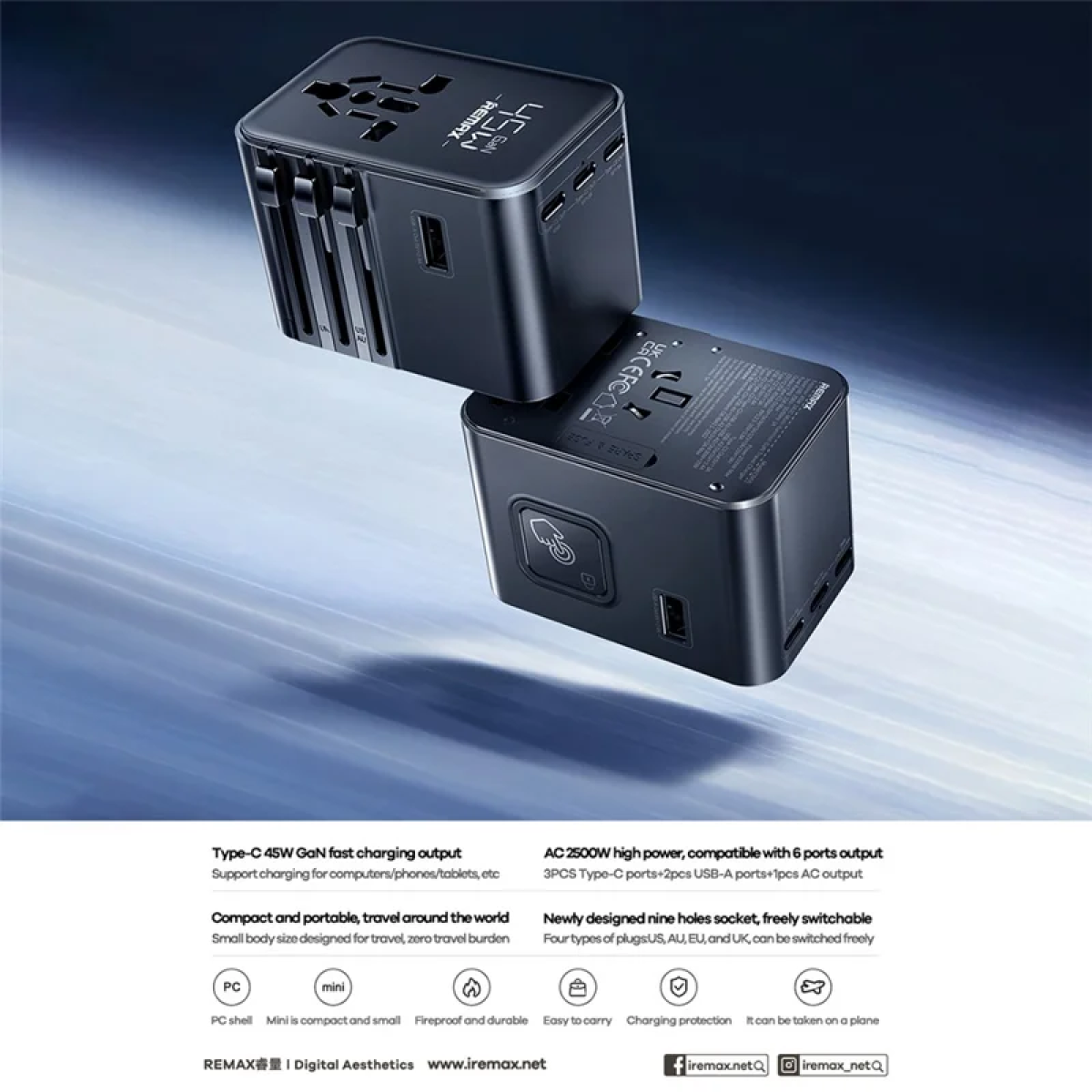 Universal Φορτιστής Ταξιδιού GaN 45W Με 3 Type-C + 2 USB + Πρίζα AC EU/UK/US/AU Remax CM06 Explorer - Image 2