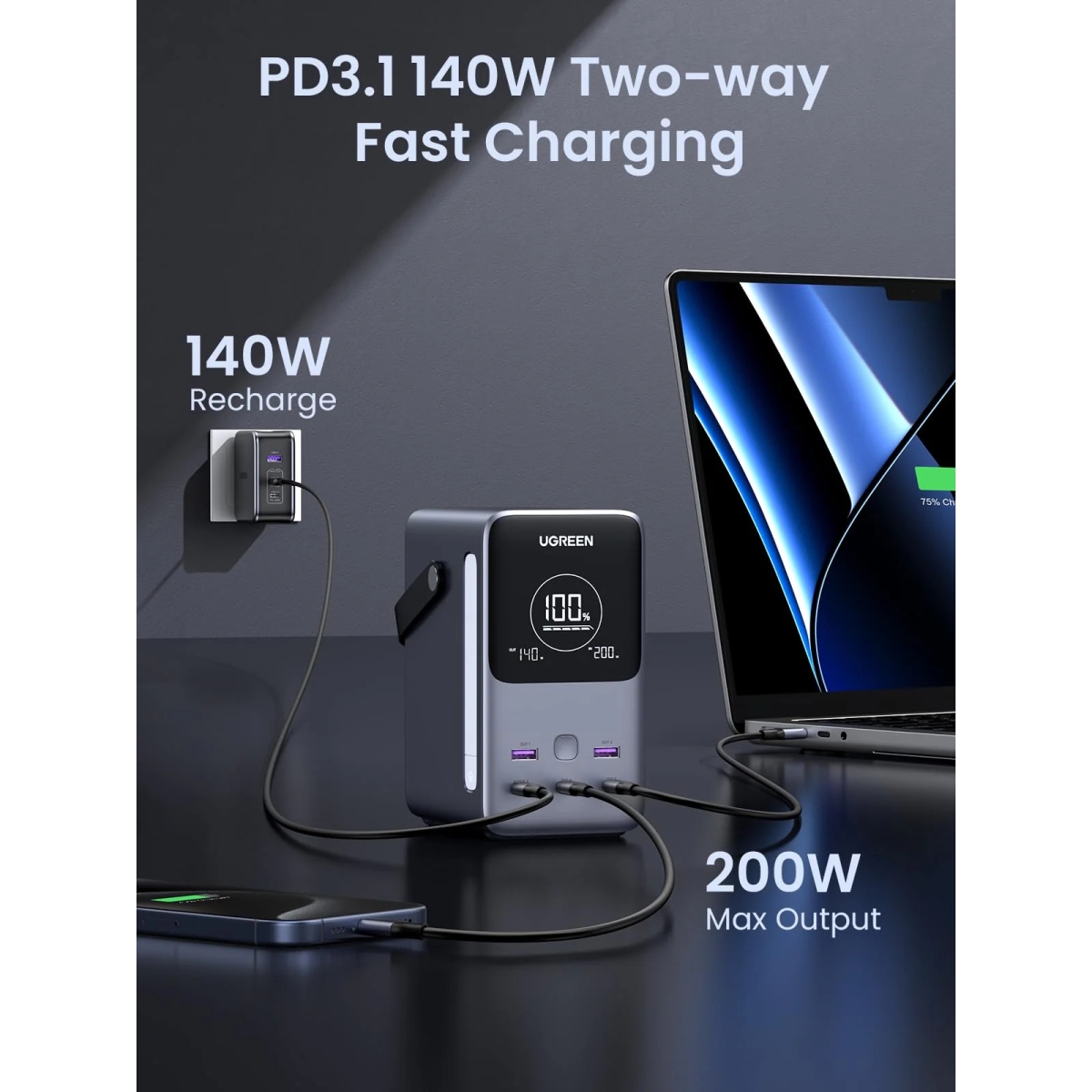 Ugreen Power Bank 48000mAh 2xUSB-A + 3xUSB-C 300W Nexode Σκούρο Γκρι PB770/ 25286 - Image 4