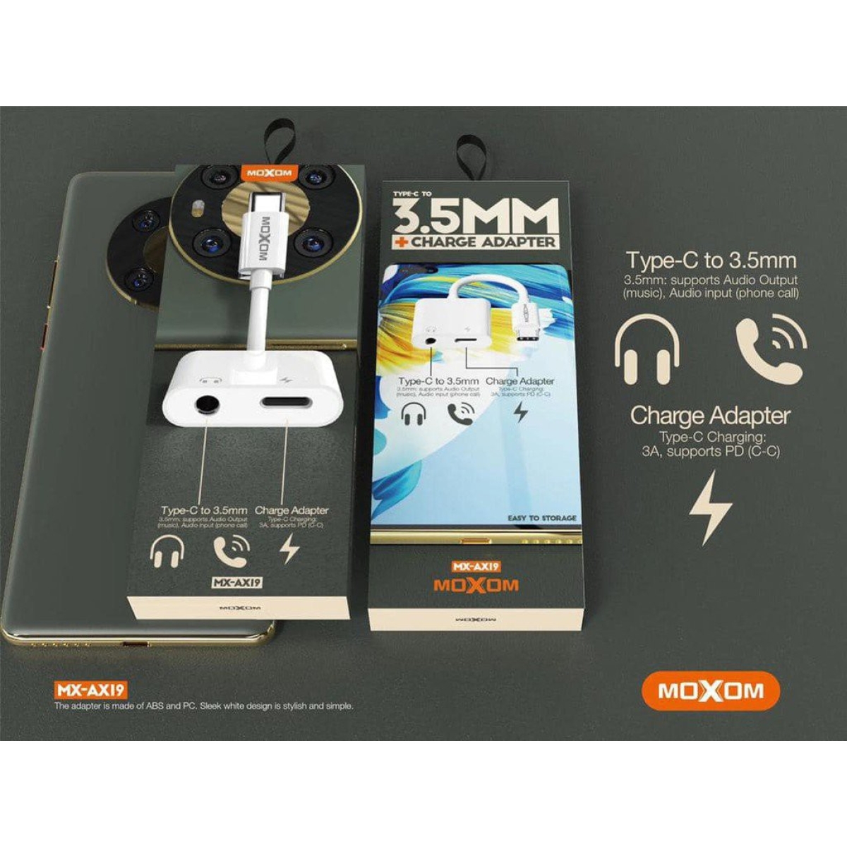 Αντάπτορας Type-C Σε 3.5mm Audio Και Type-C Φόρτισης 3A Moxom MX-AX19 - Image 3
