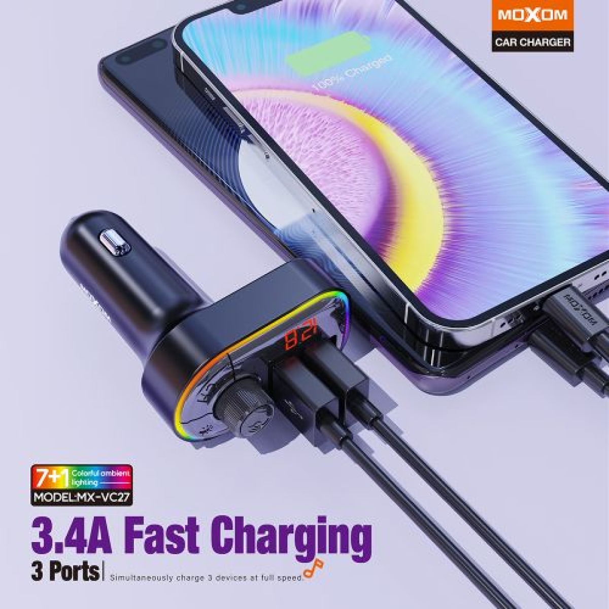 Bluetooth FM Transmitter Αυτοκινήτου Με LCD Οθόνη Και USB Φόρτιση 3.4A Moxom MX-VC27 - Image 6