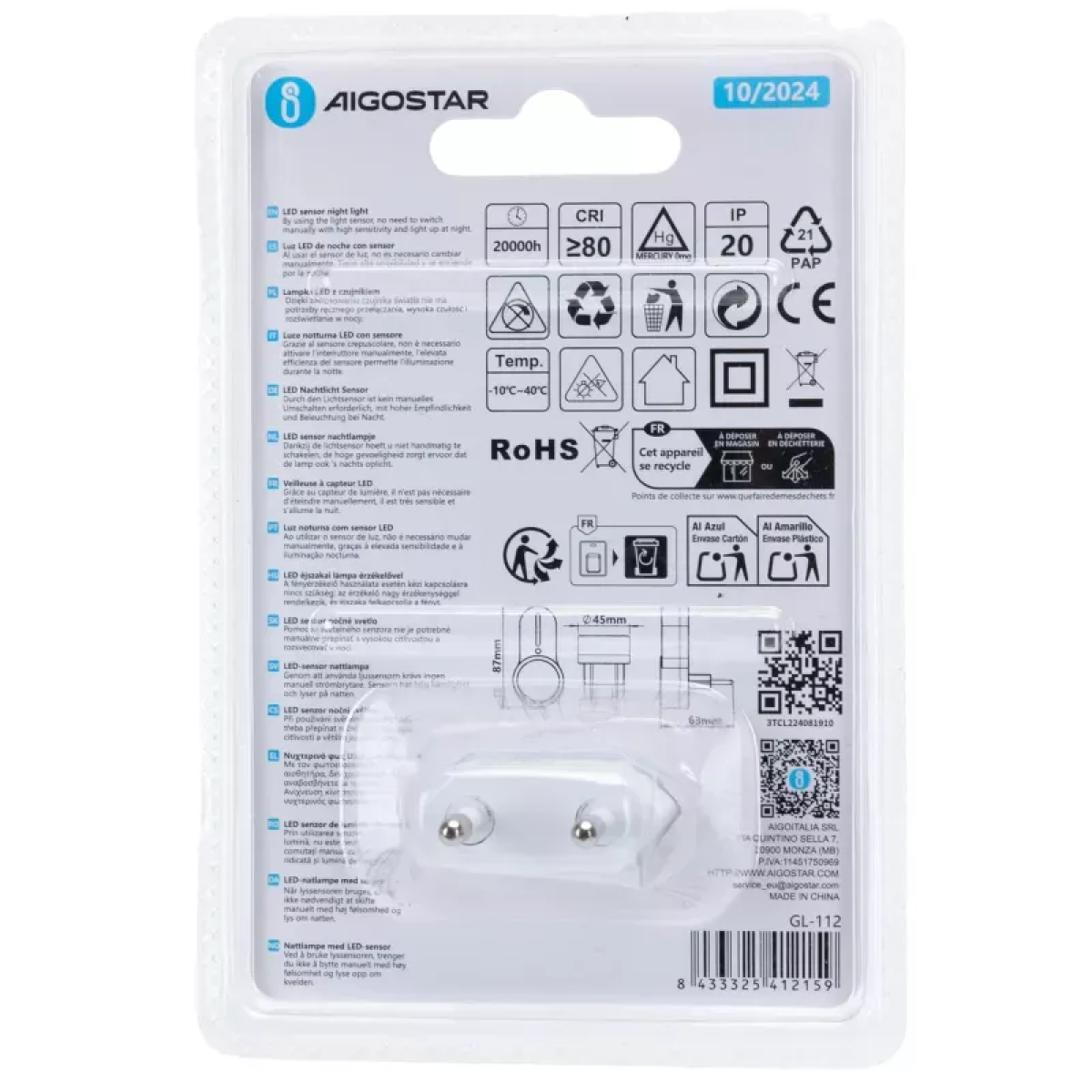 Φωτάκι Νυκτός LED Πρίζας Με Αισθητήρα Φωτός 0.6W 6500K Ψυχρό Φως Λευκό Aigostar - Image 5