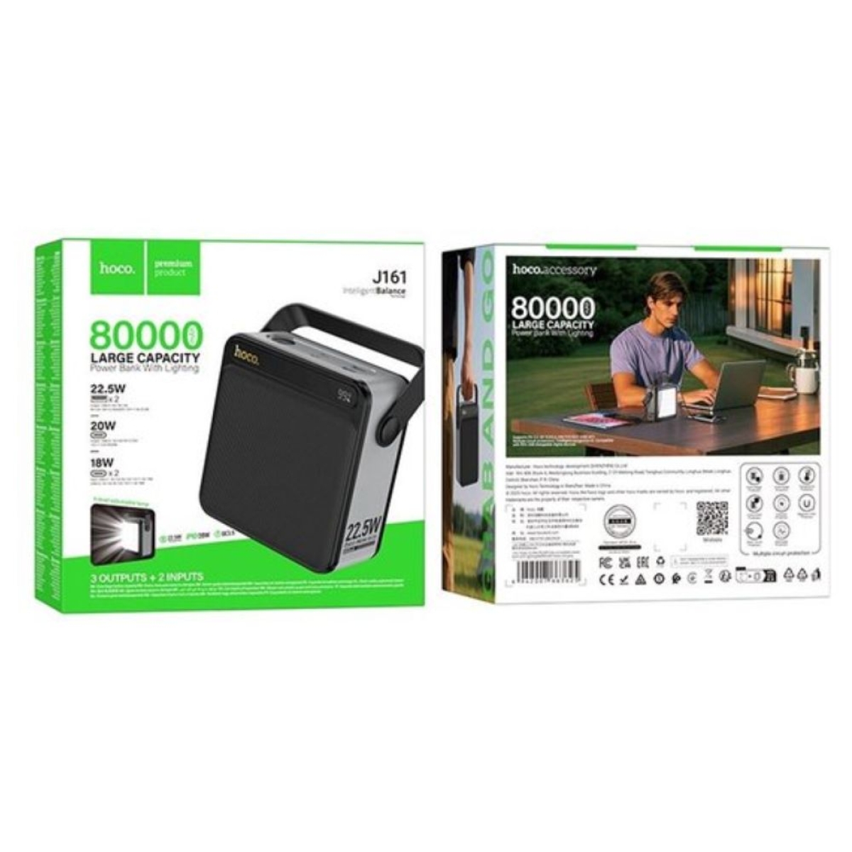 Hoco J161 Power Bank 80000mAh 22.5W με 2 Θύρες USB-A και Θύρα USB-C Power Delivery Μαύρο
