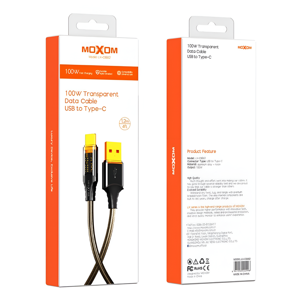 Καλώδιο Φόρτισης Και Δεδομένων USB Σε Type-C 100W 1.2m Moxom LX-CB862